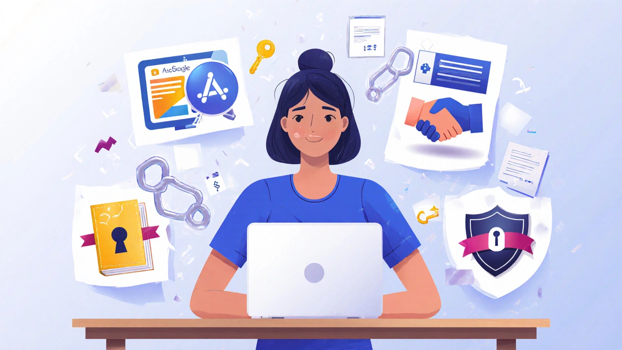 Blogger at desk surrounded by icons for ads, affiliate links, sponsored posts, e‑book and membership.