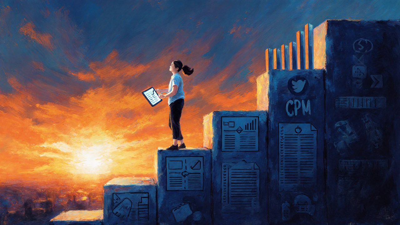 Blogger climbing a staircase of charts toward a sunrise, holding a checklist.