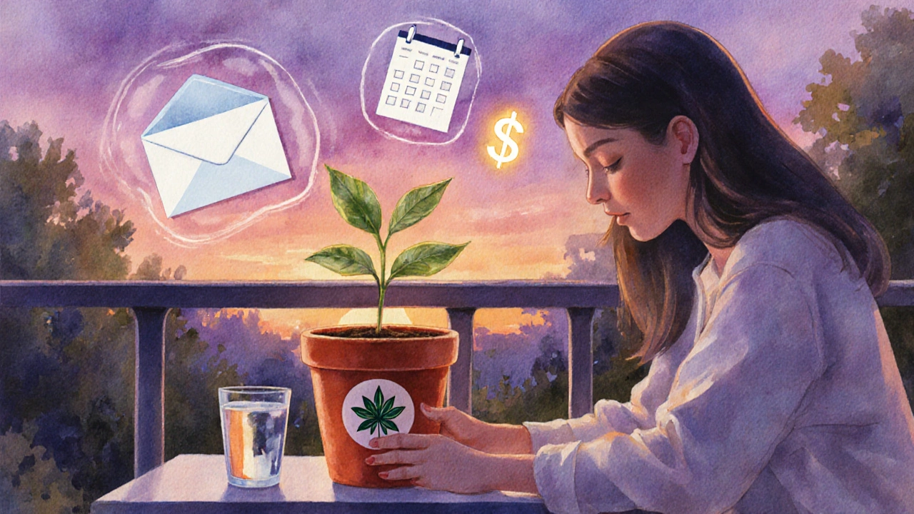 Blogger planting a seed in a pot with floating symbols of email, calendar, and money.