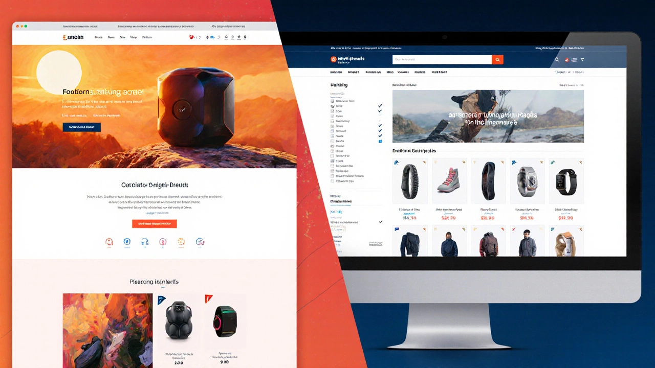 Cinematic split scene: product launch one-page landing on left, multi-page e‑commerce catalog on right.