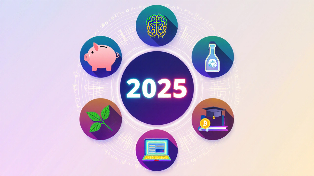 Circular layout of icons representing eight top blog niches around a 2025 center.