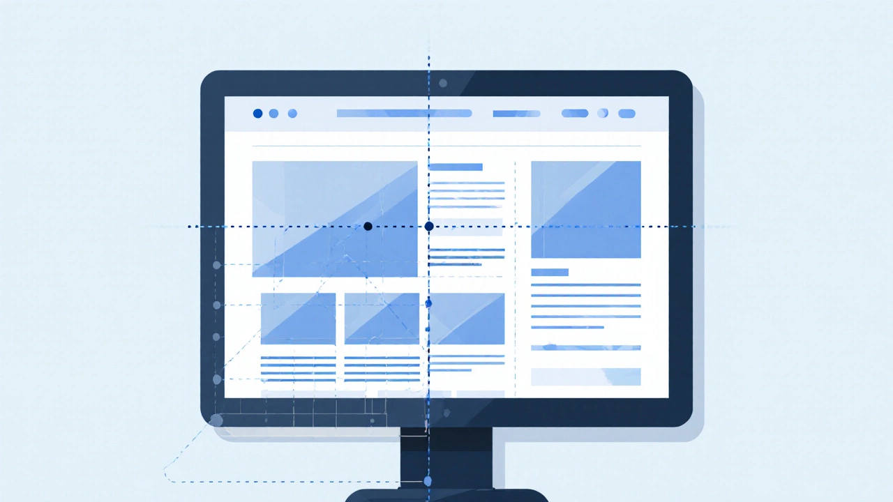 Computer screen with wireframe, grid overlay, and highlighted F‑layout eye path.
