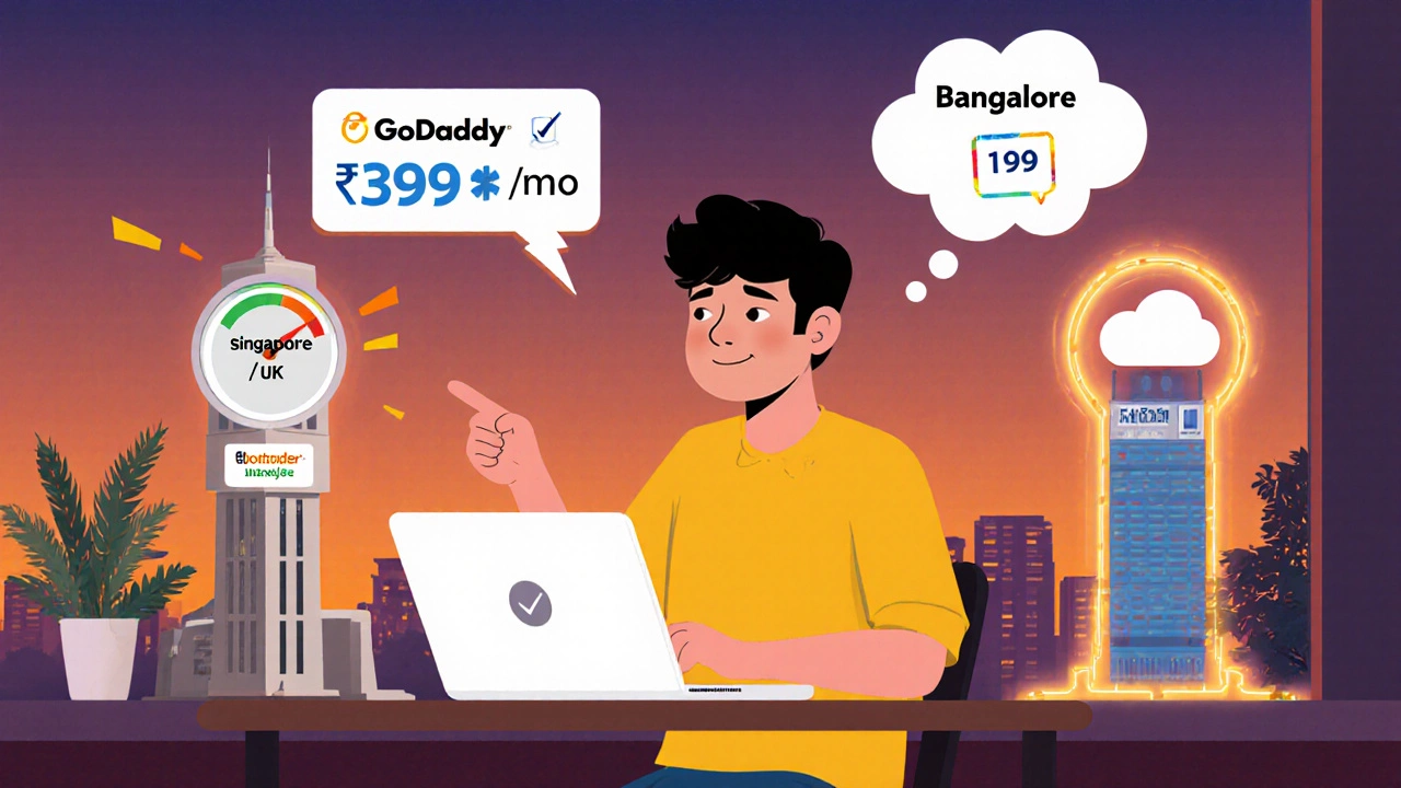 Creator at cafe comparing latency and price between GoDaddy (Singapore) and Bangalore host.