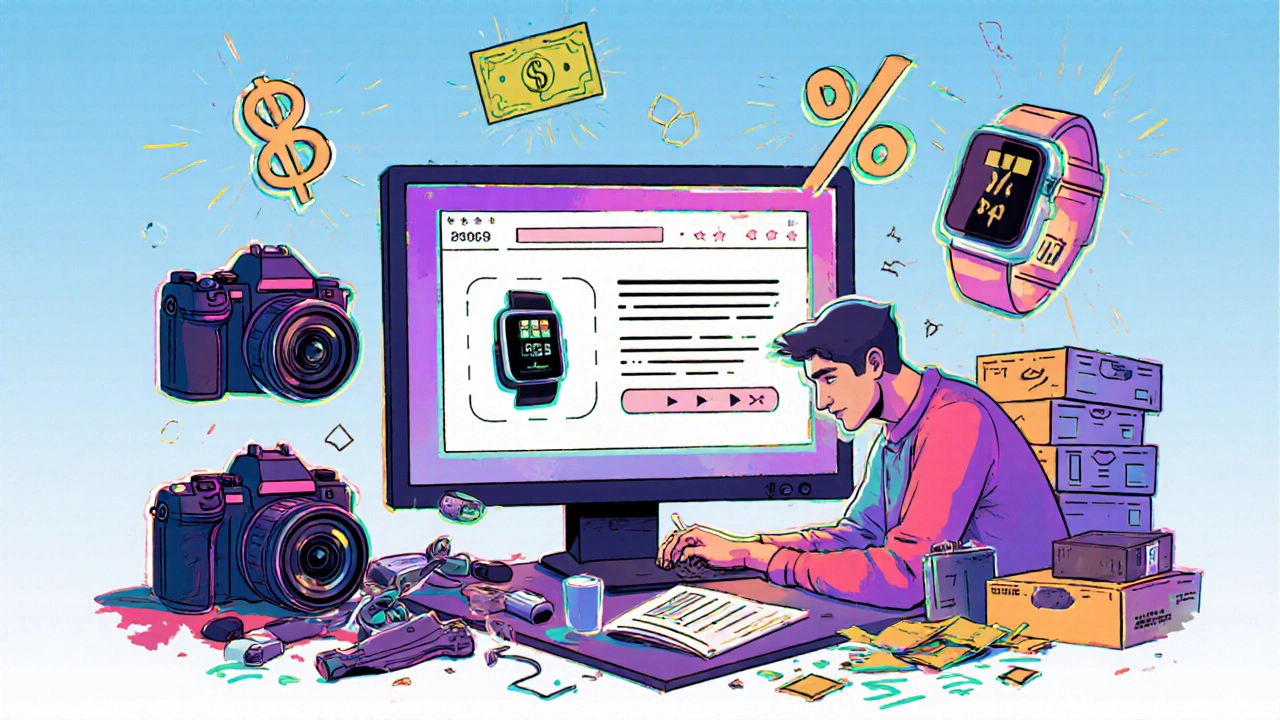 Creator at desk reviewing gadgets, glowing affiliate icons surround him.
