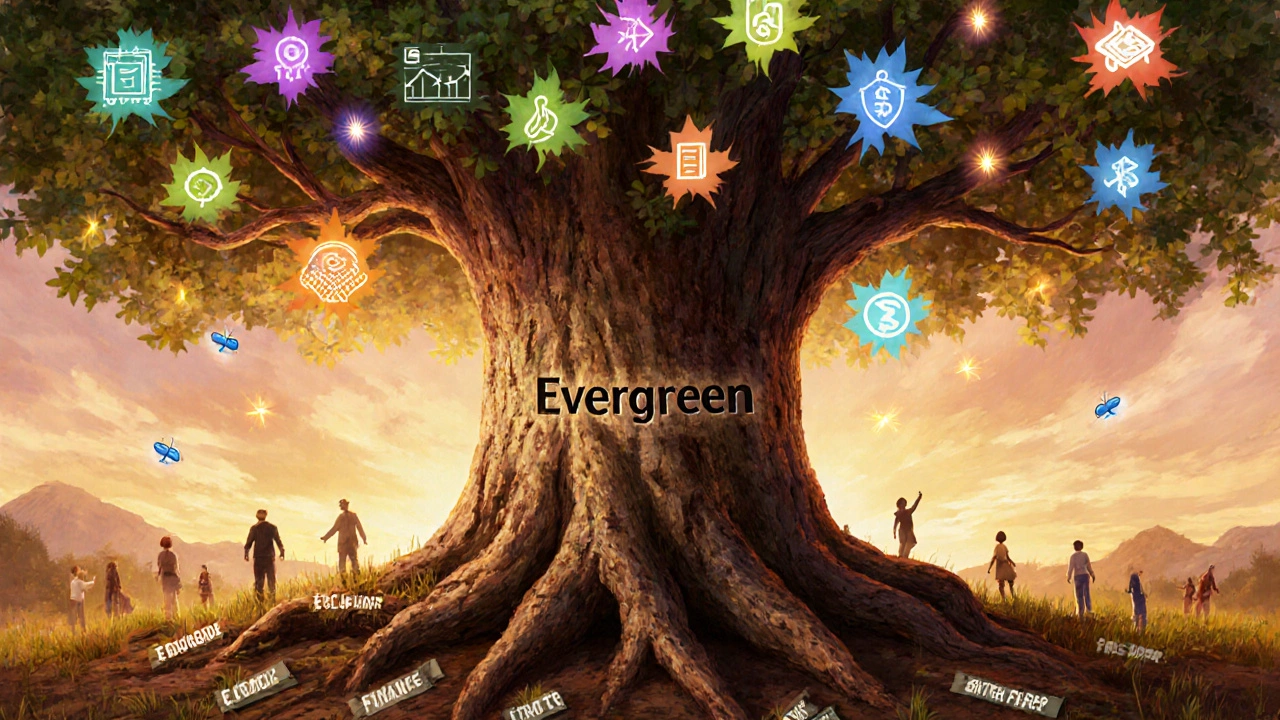 Digital painting of an oak tree symbolizing an evergreen blog with leaves representing trending topics.