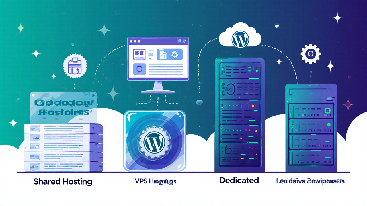 Flat‑design illustration of GoDaddy's shared, VPS, dedicated, and WordPress hosting with cPanel screens.