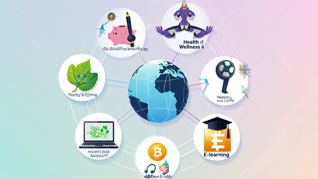 Flat icon collage of seven popular 2025 blog niches arranged around a globe.
