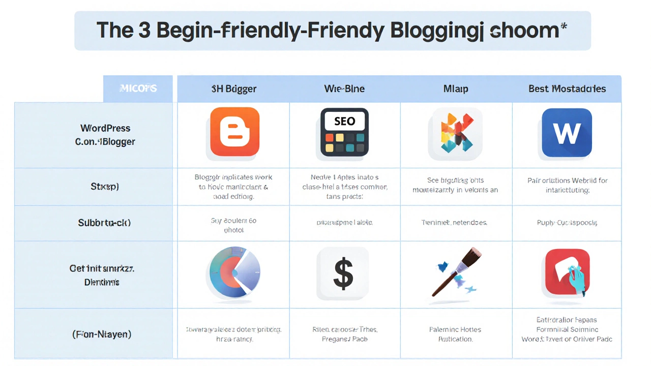 Flat illustration comparing seven blogging platforms with icons for features.