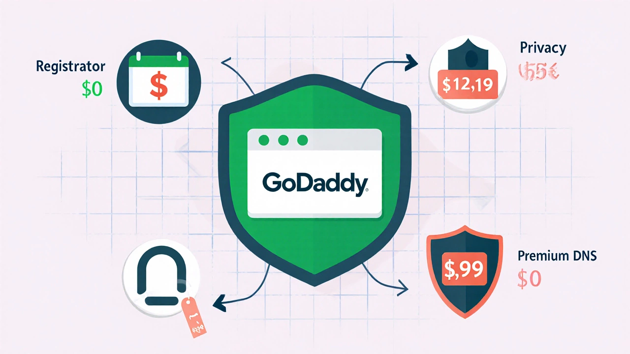 Flat illustration showing domain pricing components with icons and price tags.