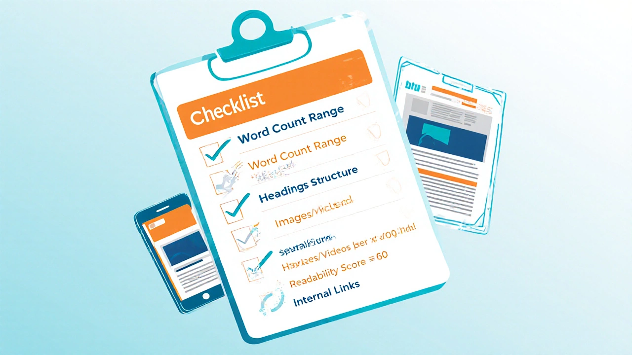Floating clipboard with checklist icons, checkmarks, and mobile device previews for SEO optimization.
