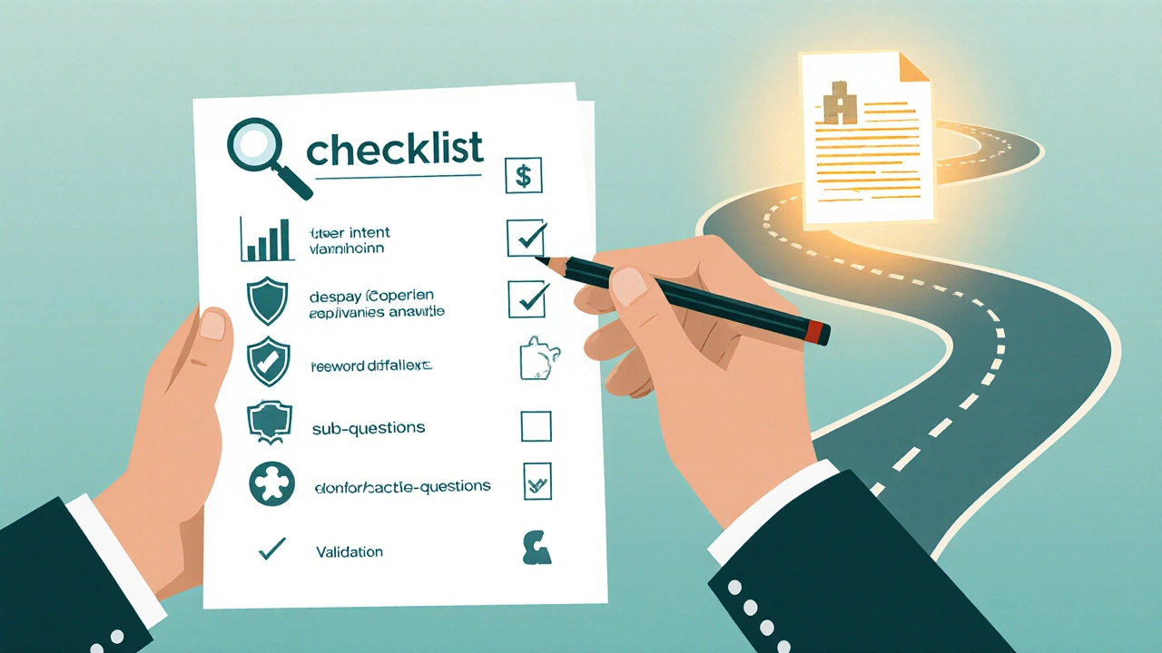 Hand holding a checklist of planning steps leading toward a published article icon.