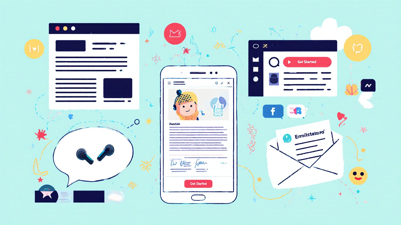 Illustrated collage of blog, landing page, product, social post, and email visuals.