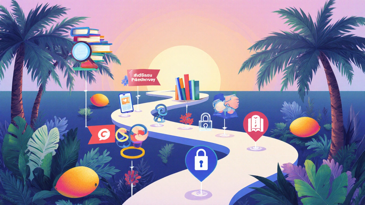 Illustrated pathway with symbolic icons representing each step of a blog monetization plan.