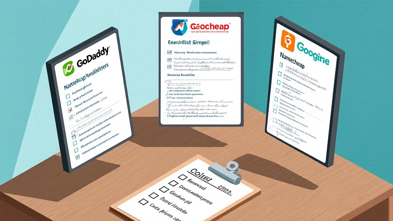 Isometric scene of three registrar screens and a checklist comparing costs.