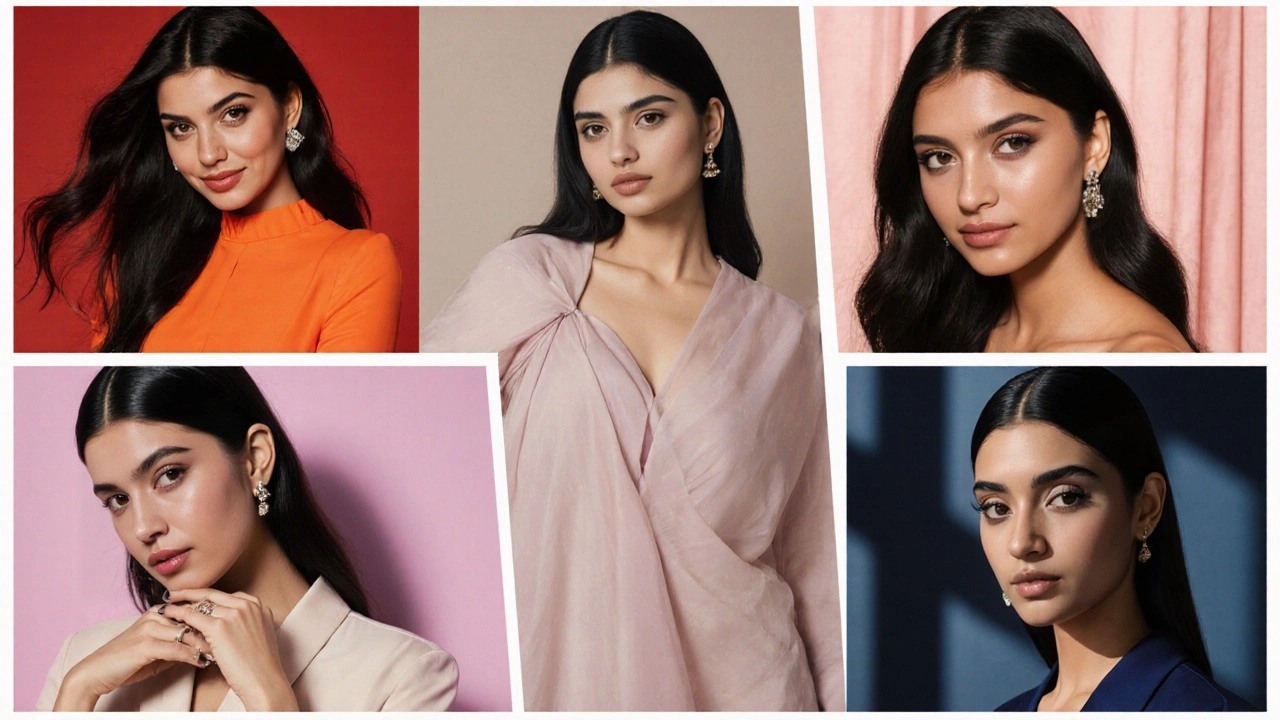 Magazine collage of five Indian beauty influencers, each in their signature style.