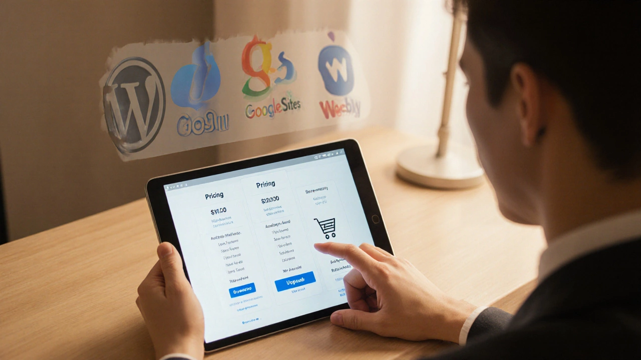 Person at home office reviewing a tablet pricing page, with blurred logos of other website platforms in the background.
