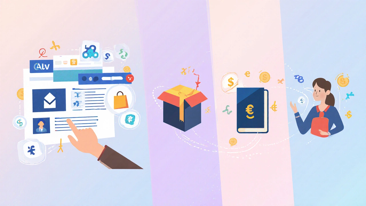Split‑scene showing ads, affiliate click, e‑book, and consulting services.
