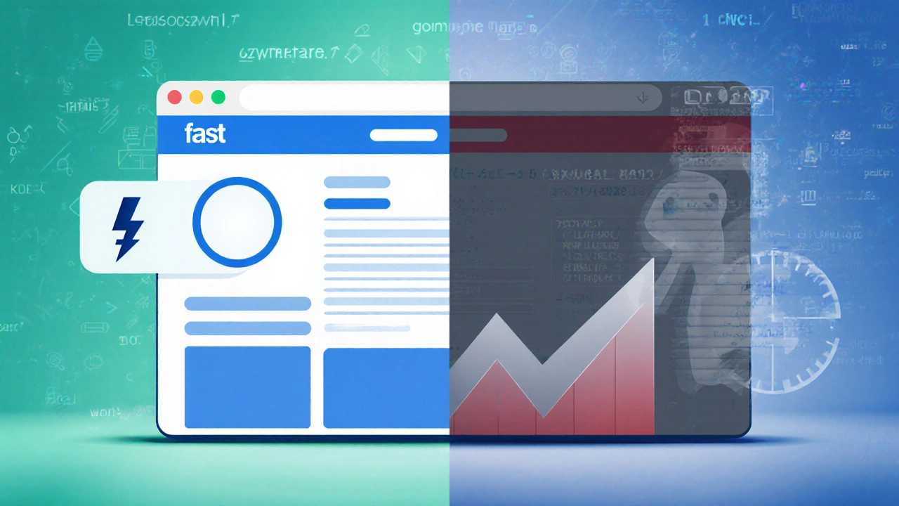 Split view of fast-loading mobile one-page site versus slow, heavy page with loading bar and bounce-rate graph.