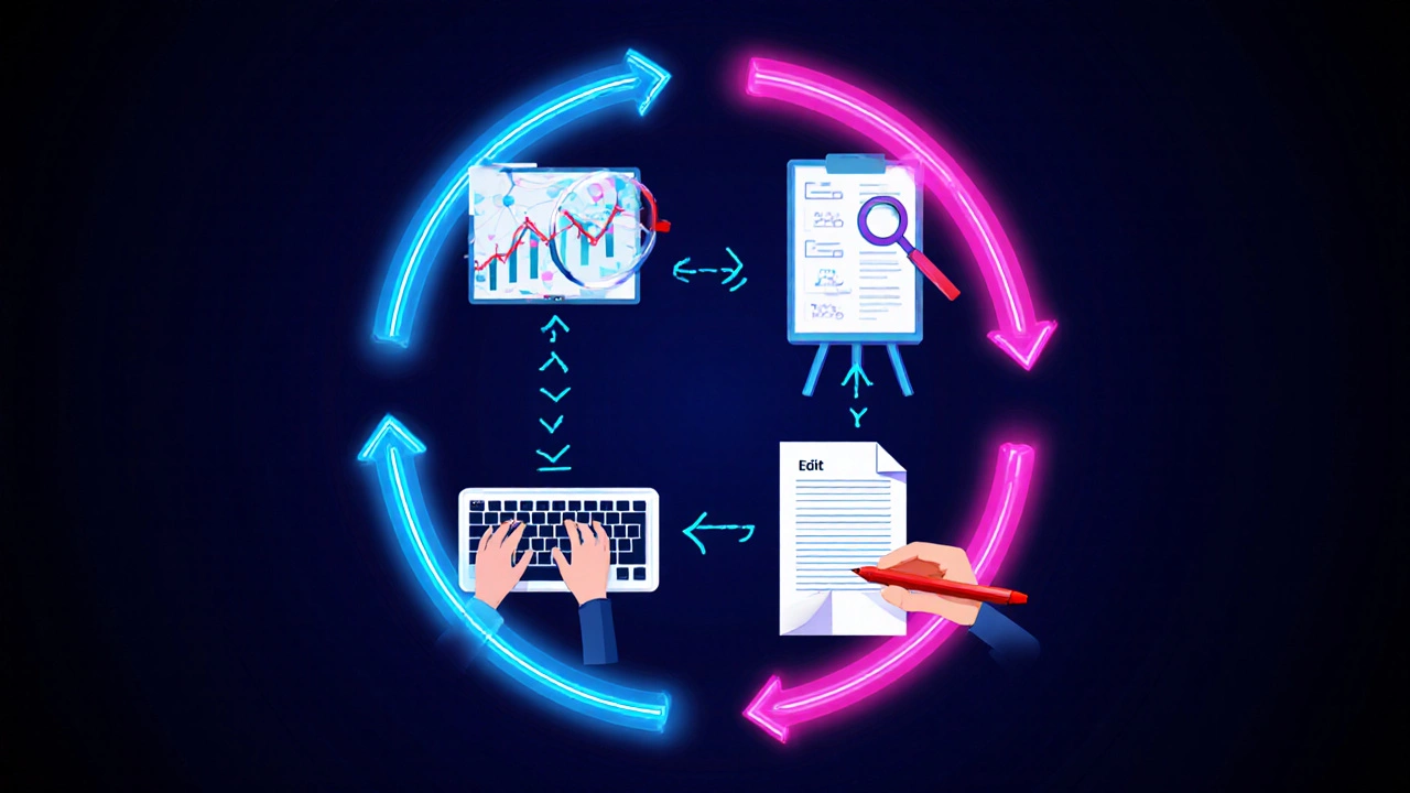 Stylized circular workflow showing research, outline, draft, and edit stages.
