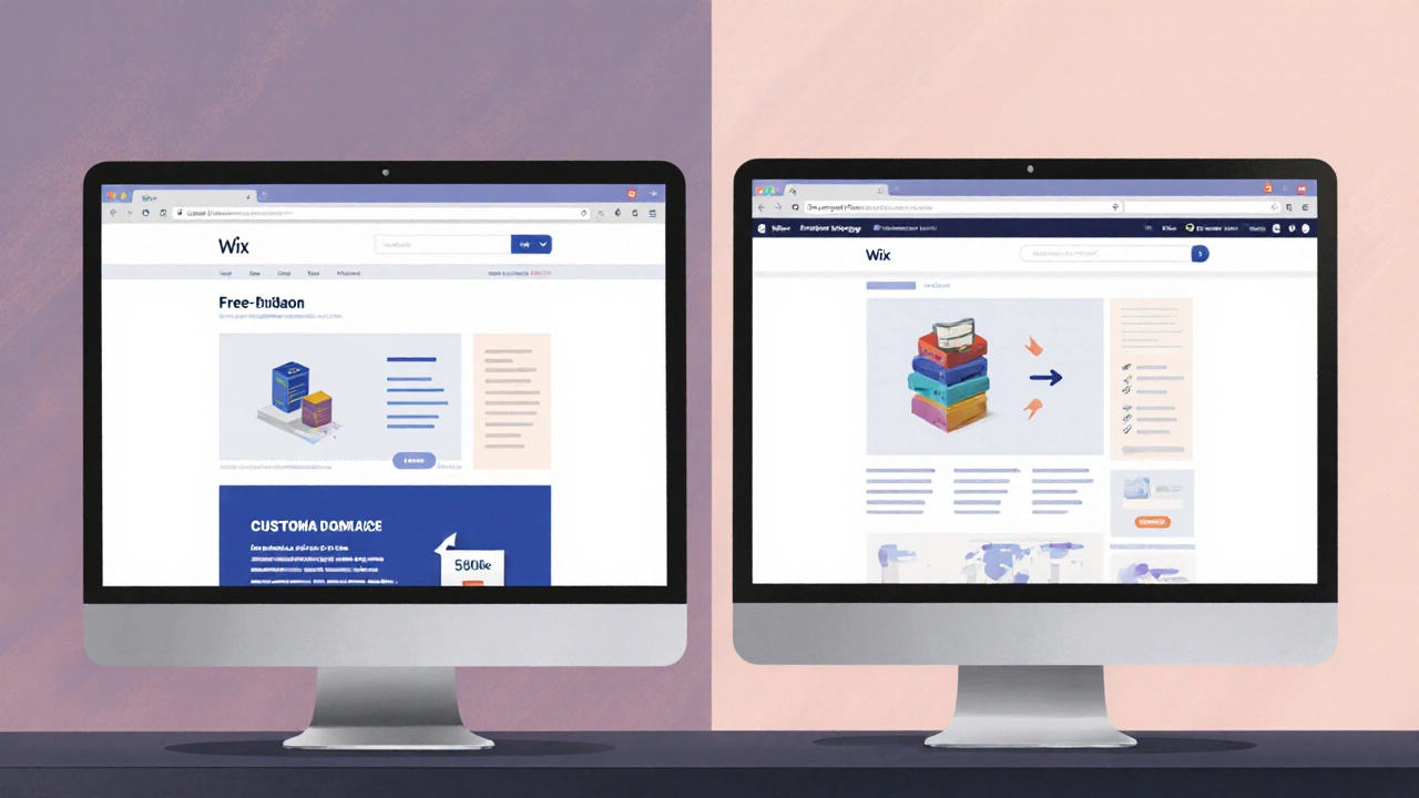 Two monitors side by side: left shows Wix free site with ads and limited storage; right shows premium site without ads and custom domain.