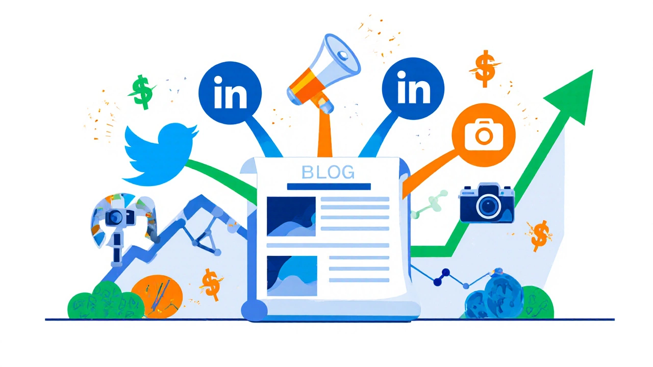 Vector artwork showing blog post spreading to social media and earnings.