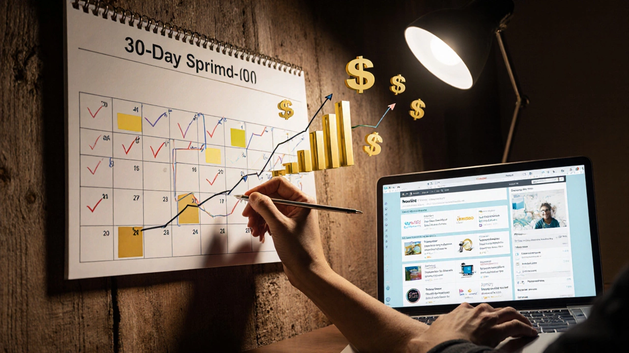 Wall-mounted calendar and laptop illustrating a 30‑day plan with email sign‑up, affiliate product, and rising profit graph.