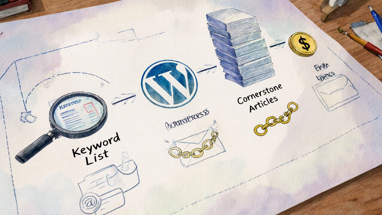 Watercolor blueprint with icons for niche research, content, backlinks, email and earnings.