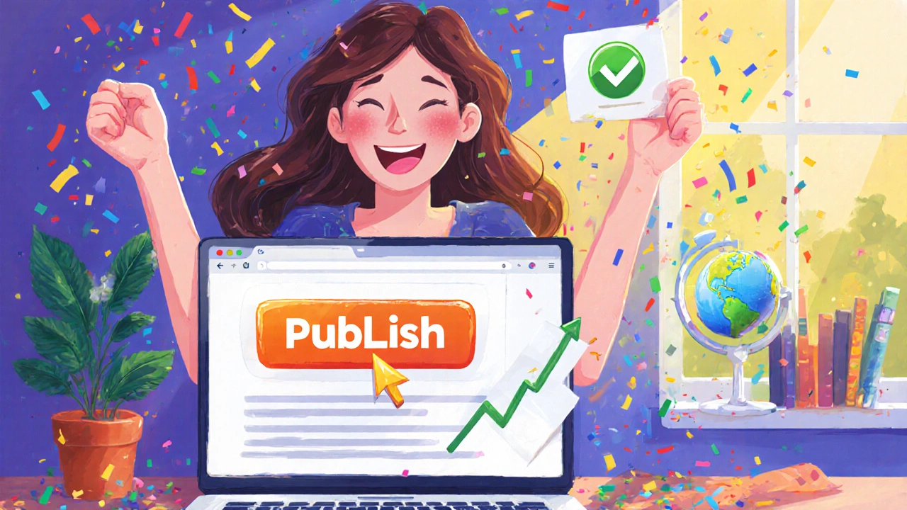 Writer celebrates clicking Publish on a laptop, with confetti and success symbols.